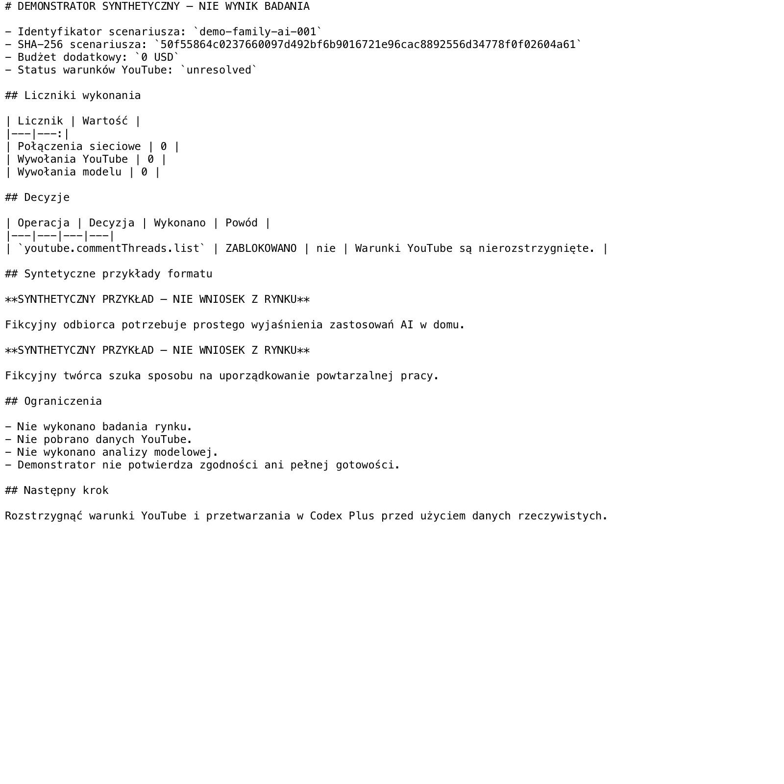 Synthetic local report that shows zero network, YouTube and model calls, and a blocked commentThreads.list operation.